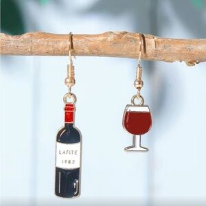 Wine Lover Festive Asymmetrical French Hook Earrings – Bottle & Glass